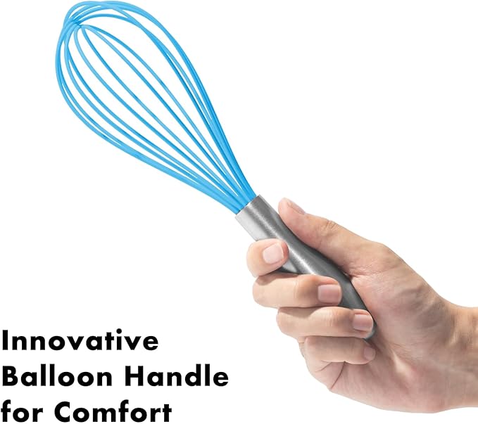 OYV 10-Inch Blue Silicone Whisk, Heat Resistant 480°F Kitchen Whisk with Stainless Steel Ergonomic Handle, Non-Scratch for Nonstick Cookware, Dishwasher Safe, Perfect for Blending, Cooking & Beating