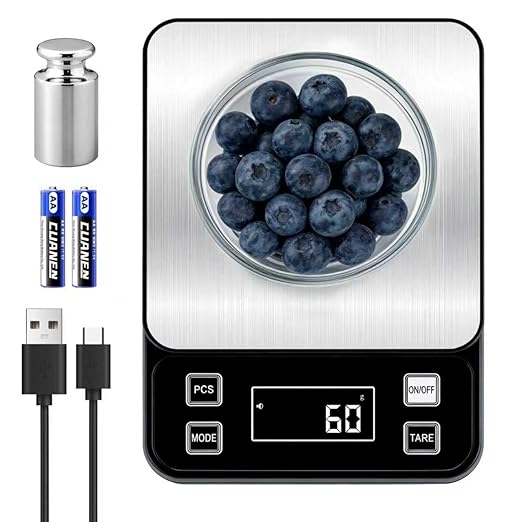 Full Waterproof Digital Scale IP67,5kg Capacity 0.1g Accuracy Kitchen Scale with Type-C Charging Tare Function Stainless Steel Platform for Baking Seafood Food Processing Hardware Counting