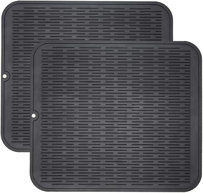 ZLR 2 Pcs Large Silicone Dish Drying Mat (16" x 18") - XL Heavy Duty Drainboard Mat for Pots, Pans & Family Loads - Heat Resistant Trivet & Counter Protector, Easy Clean (Black)