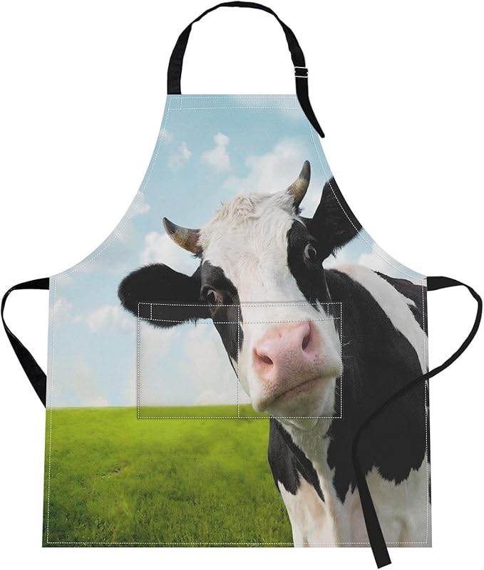 Britimes Apron Home Kitchen Waterproof Cooking Baking Gardening for Women Men With Pockets Funny Cow On Green Grassland 32x28 inch