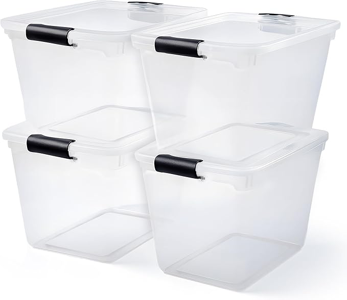 HOMZ 4-Pack 31 Quart Latching Lid, Clear Plastic Storage Organizer Bins, Gray – Stackable Containers for Home & Office Shelves, Kitchen, Garage, and Bathroom Organization