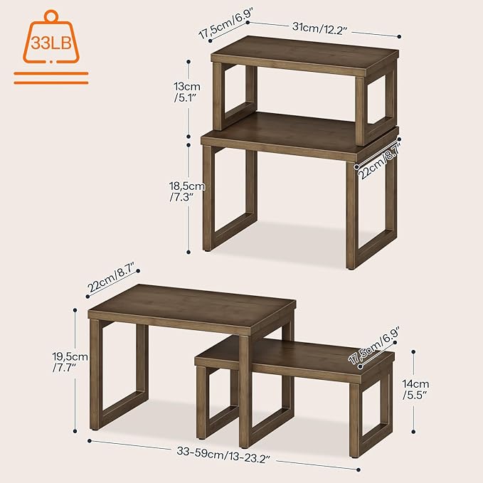 HOOBRO Cabinet Organizer Shelf, Set of 4 Kitchen Counter Shelves, Expandable Kitchen Storage, Stackable Bamboo Spice Rack, for Kitchen, Countertop, Office Desk, Living Room, Mocha MA20TLP201