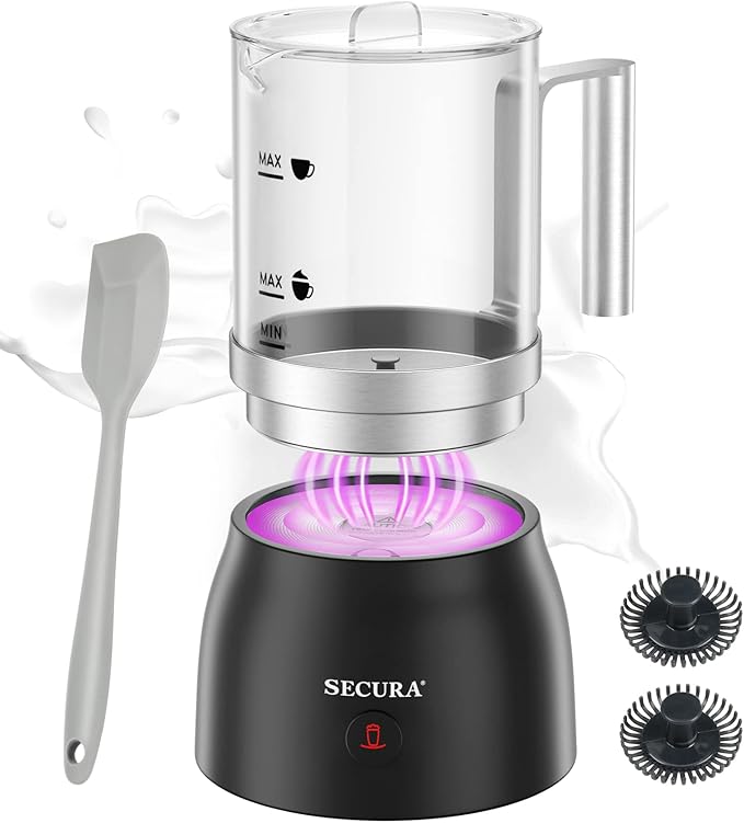 Secura Detachable Milk Frother and Steamer, 17oz Electric Milk Warmer with Glass Jug, 4-in-1 Hot & Cold Foam Maker for Latte, Cappuccinos & Hot Chocolate, Dishwasher Safe, BPA & Teflon-Free Design