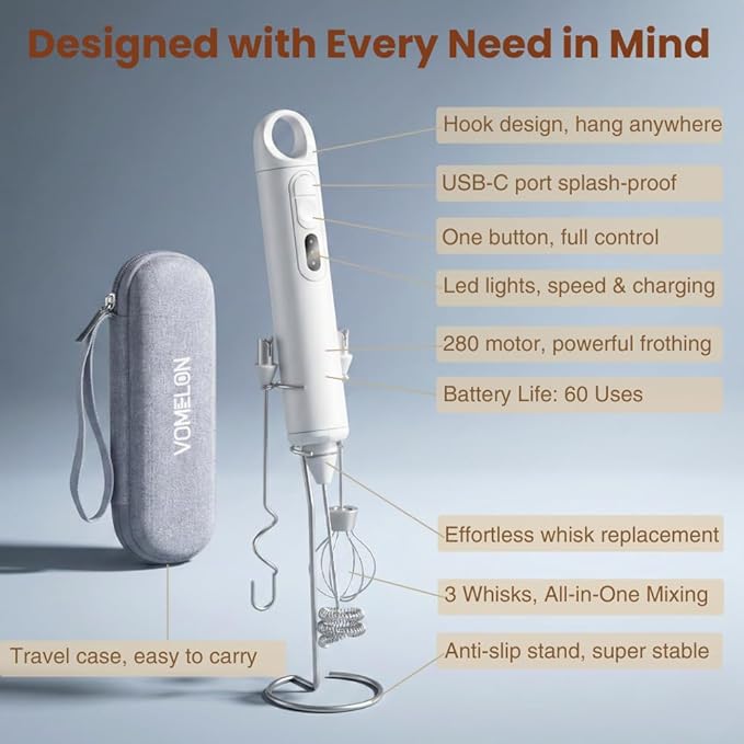 Rechargeable Milk Frother Handheld 3 Speed Coffee Foamer [3 Whisk] Electric Drink Mixer for Latte, Cappuccino, Coffee, Eggs, Hot Chocolate, White