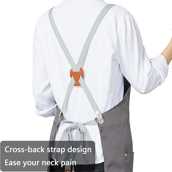 KITCHIEF Pottery Apron Split Leg,Cross Back Chef Apron with Pockets,Painting Apron with Adjustable Straps for Cooking,Baking,BBQ,Ceramic,Gardening(Gray)