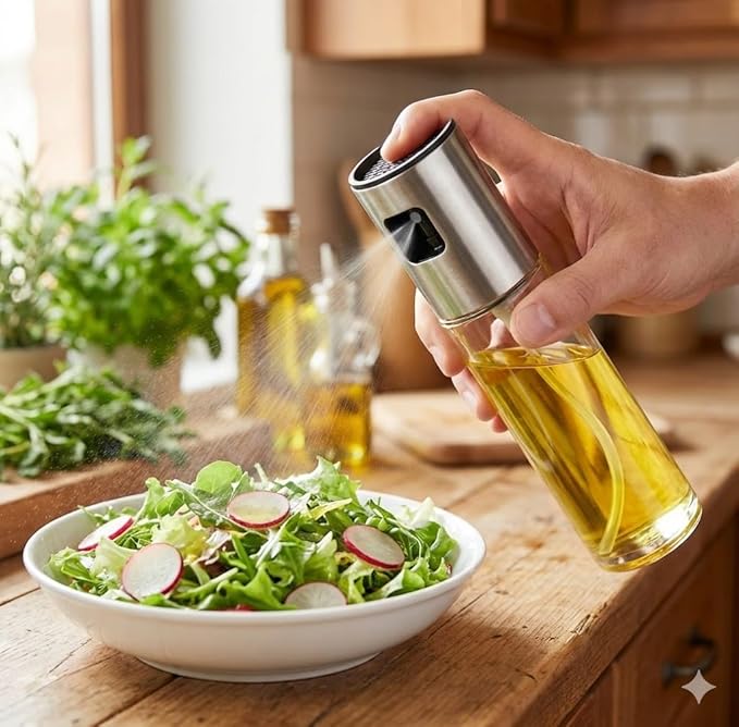 Stainless Steel Oil Spray Bottle | Refillable Kitchen Oil Dispenser with Fine Mist Spray for Olive Oil, Vinegar, Cooking Oils, Grilling, Baking, Air Fryer, and Healthy Cooking | Metallic Silver