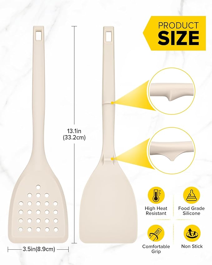Pack of 2 Silicone Spatula Turner, Non Stick Kitchen Spatulas Set with Back Hooks, Heat Resistant BPA Free Kitchen Utensils, Suitable for Flipping Fish, Eggs, Steak, Pancakes(KHAKI)