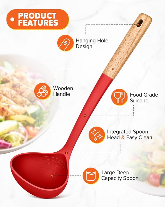 Pasta Fork and Ladle Set, Perfect for Serving Hot Soup, Stirring, and Sauce Pasta, BPA-Free Matte Silicone, Wood Handle Spaghetti Spoon for Nonstick Cooking Surfaces (Red)