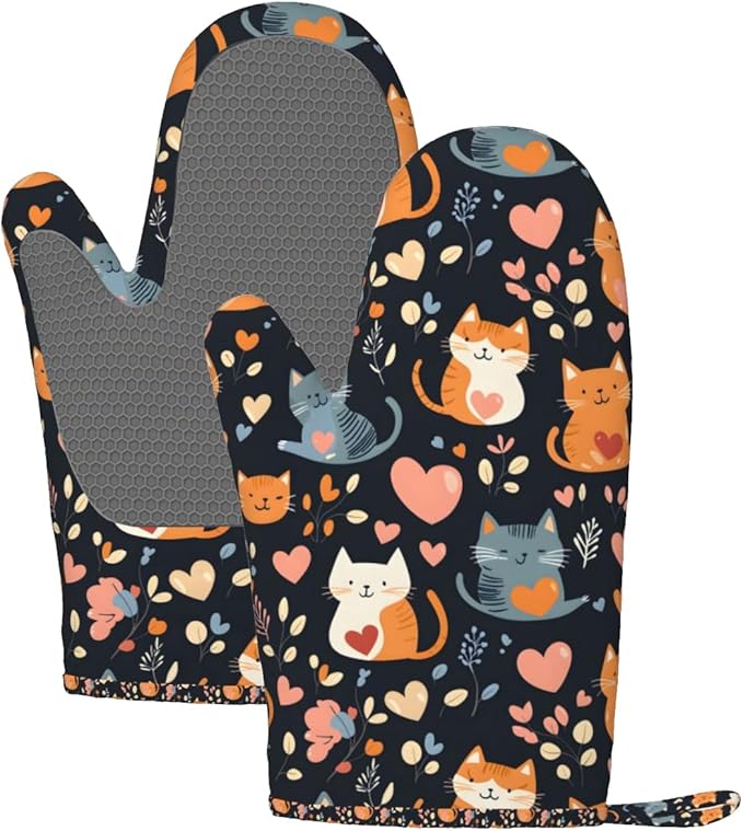 Cat Heart Silicone Oven Mitts Set of 2, Heat Resistant up to 500°F, Kitchen Oven Gloves with Non-Slip Grip and Soft Cotton Lining for Baking, Cooking and BBQ
