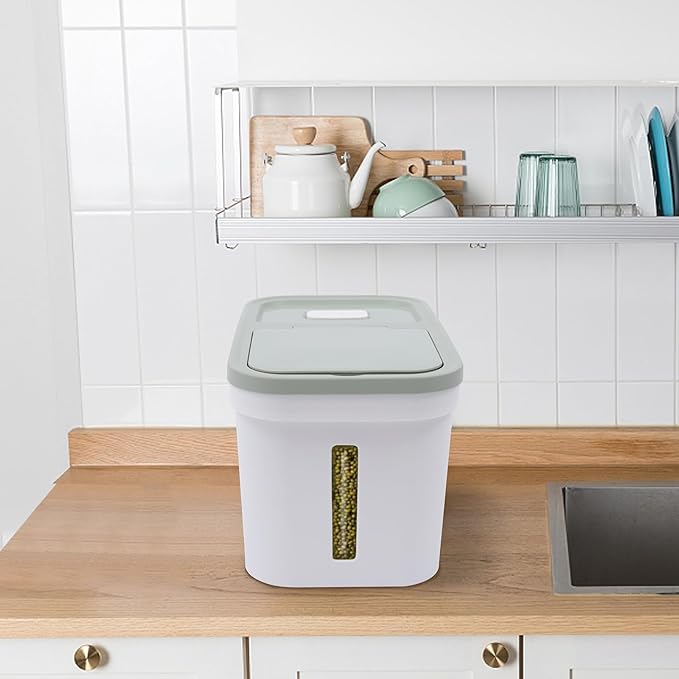 22Lbs Large Rice Storage Container, Cereal Rice & Grain Dispenser Airtight Bulk Food Storage Bucket with a Measuring Cup Rice Dispenser Dry Food Grain Dispenser for Grains Rice (Green and White)