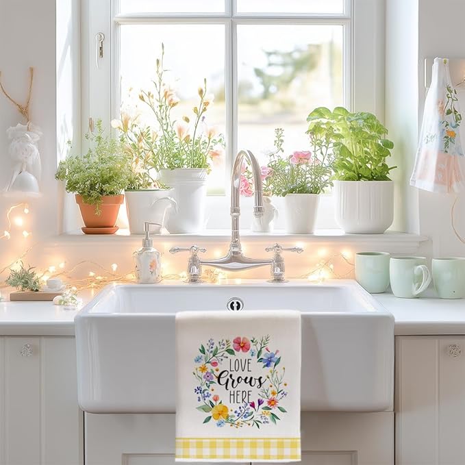Floral Wreath Spring Kitchen Towels Set of 2,Pink Flower Dish Hand Towels Farmhouse Indoor Outdoor Holiday Seasonal Decorations DD097