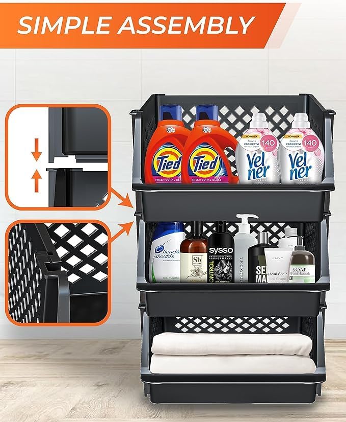 TidyFriend Plastic Stackable Bins for Pantry, 6 Pack Large Stacking Bins Open Front Kitchen, and Bathroom Organization, Open Front Design (Black)