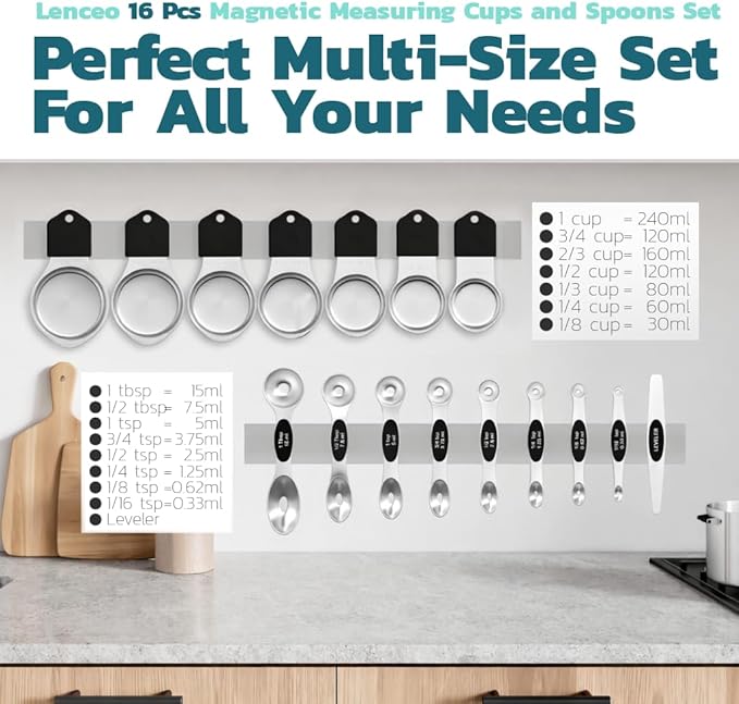 Magnetic Measuring Cups and Spoons Set of 16 - Stackable Stainless Steel Magnetic Measuring Spoons Set with Leveler - Dual Marking Scale Measuring Cup for Dry and Liquid Ingredients (Black)