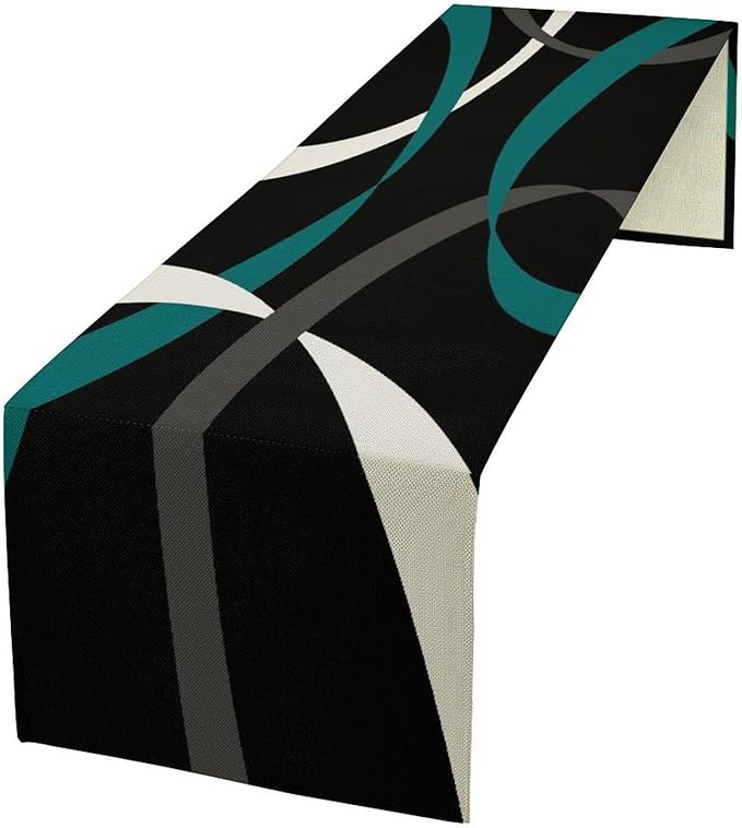 Abstract Geometric Table Runner Dark Teal Grey and White Striped Black Background Modern Kitchen Dinner Runner for Indoor Home Living Room Party Dining Table Decoration 13"x60"