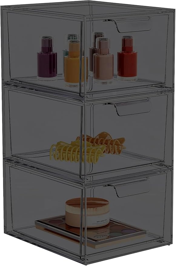 SpaceHacks 3 Pack Stackable Makeup Organizer and Storage, Acrylic Organizers，Clear Plastic Storage Drawer with Pull-Out Handles for Vanity, Undersink, Kitchen Cabinets, Pantry, Black