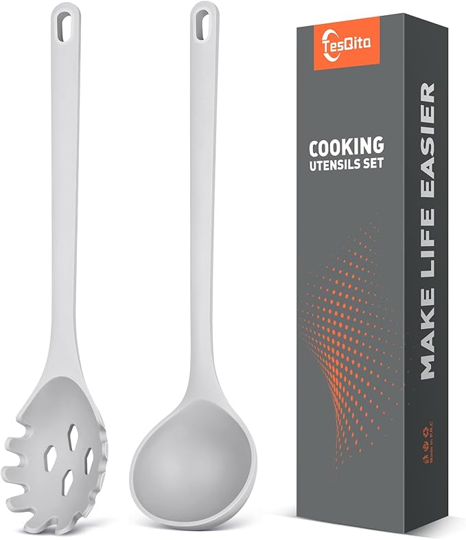Silicone Spaghetti Spoon&Soup Ladle Cooking Utensils Set of 2,No Scratch for Nonstick Cookware,BPA Free, 450℉ Heat Resistant (GRAY)