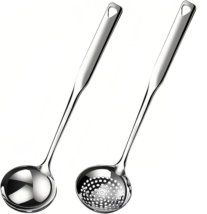 Soup Ladle 18/10 Stainless Steel and Slotted Spoons with Holes 2 Pack Set,316 Metal Heavy Duty Deep Spoon Gravy Punch Ladles for Serving Soup,Gravy,Draining,Kitchen Cooking,Hot Pot(11.8inchs)
