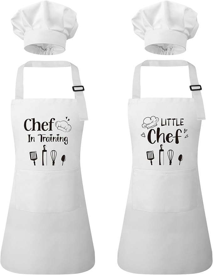 2 Pack Kids Apron and Chef Hat Adjustable Kitchen Cooking Apron with Pockets Kids Funny Apron for Girls Boys