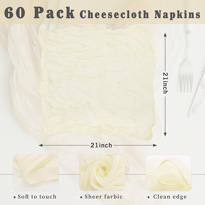 Beige 60 Pack Cheesecloth Napkins Washable 21x21 Inches Beige Cloth Napkins Set of 60 Dinner Table Napkins for Wedding Summer Bridal Baby Shower Rustic Boho Cotton Gauze Party Table Decor