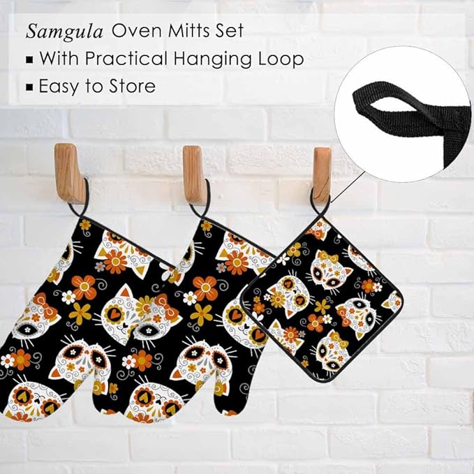 Cat Floral Skulls Oven Mitts and Pot Holders Sets Lovely Animal Head Funny Heat Resistant 3pcs for Cooking Baking BBQ
