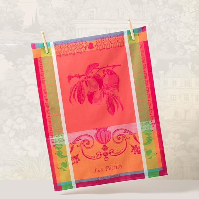 Garnier Thiebaut Les Peches Rose (Pink Peaches) French Kitchen Towel 22"x30", Cotton, Jacquard