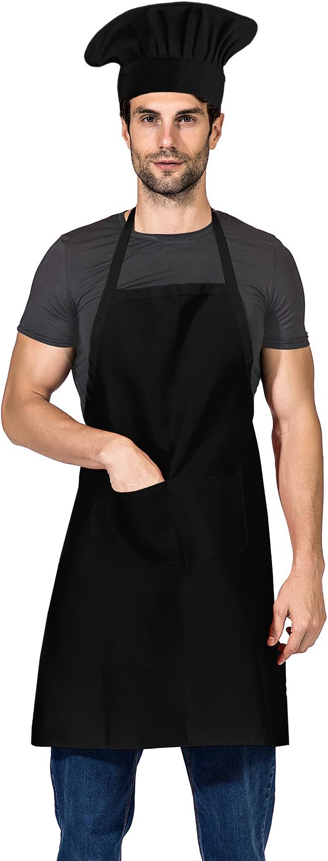 Black Chef Hat and Apron Set,Bib Apron in Big Size and Chef Hat, Bib Cooking Grilling BBQ Kitchen Chef Apron for Men Women Chef.(1set,Black)