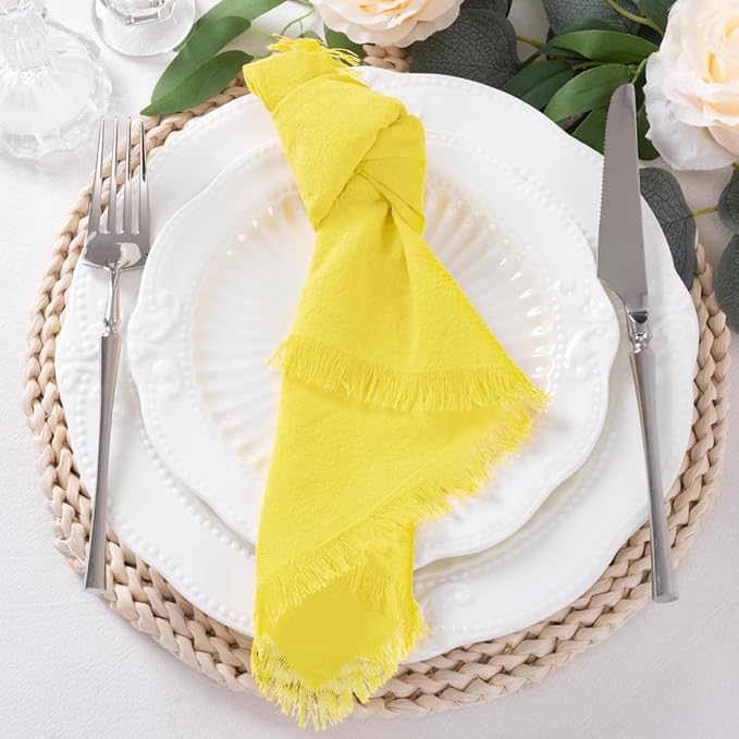 DeZerlor 12 Pack Lemon Yellow Cotton Linen Napkins with Fringe Spring Cloth Napkins Set of 12 Boho Handmade Dinner Napkins Bulk for Wedding Bridal Baby Shower Parties, 17 x 17 Inches