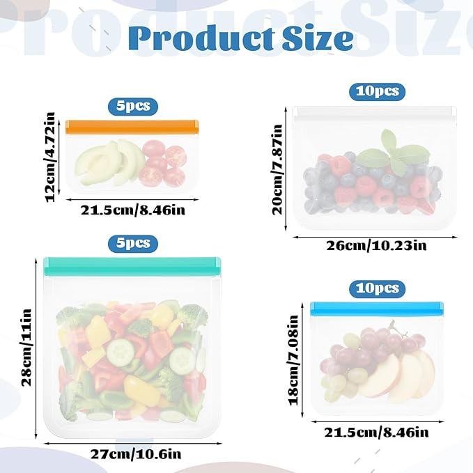 30 Pack Reusable Silicone Food Storage Bags, 4 Size Dishwasher Safe Freezer Bags, Leakproof Reusable Food Storage Silicone Bag for Sandwich, Meat, Snack