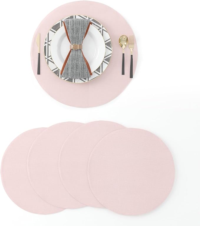 Set of 4 Round Placemat 15 Inch Soft Linen eco-Friendly Fabric Handcrafted Machine Washable Indoor & Outdoor Tablemat Baby Pink