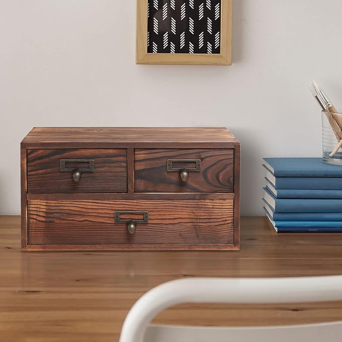 MyGift Wooden Desk Organizer with Drawers, Dark Brown Wood Desktop Storage Cabinet with 3 Drawers for Office Supplies, Sewing Kits and Accessories
