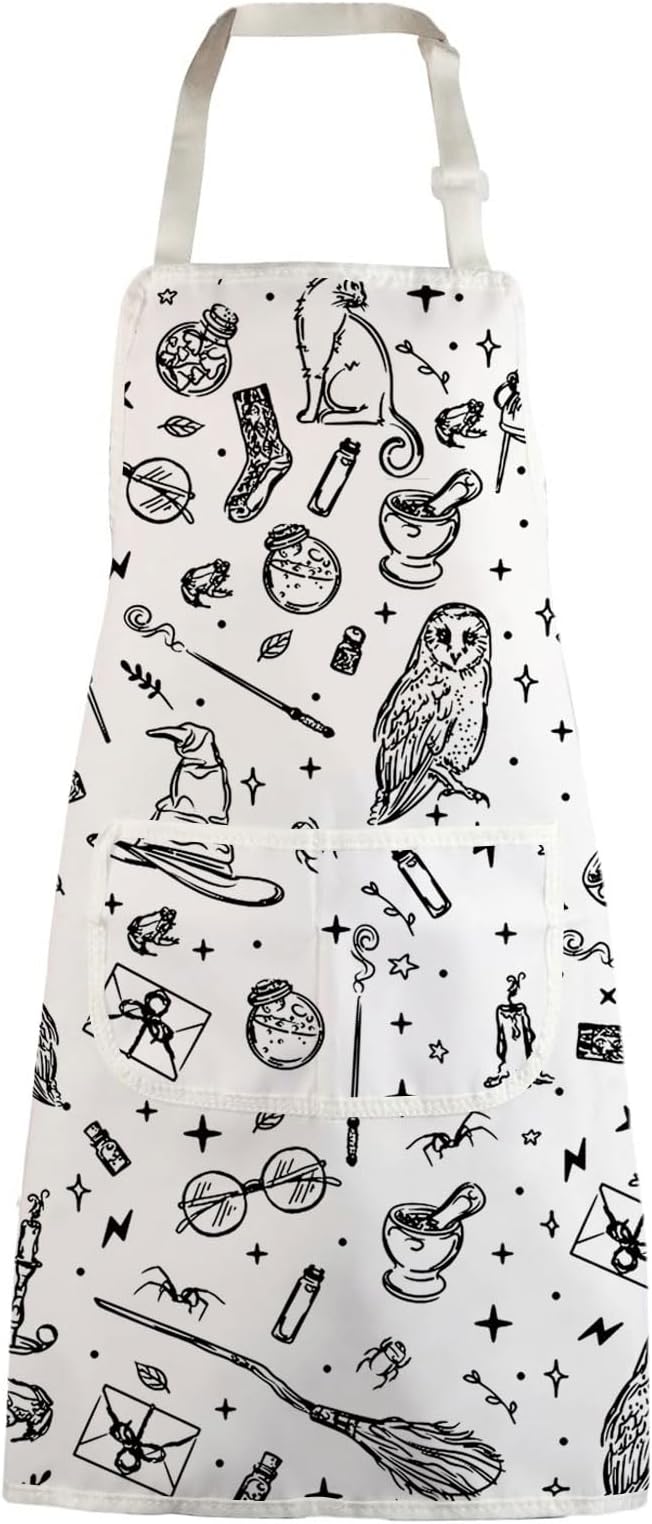 WZMPA Magic Wizard Kitchen Apron With Pockets Spooky Witch Gift Gothic Magic Adjustable Apron For Cooking Baking Grilling