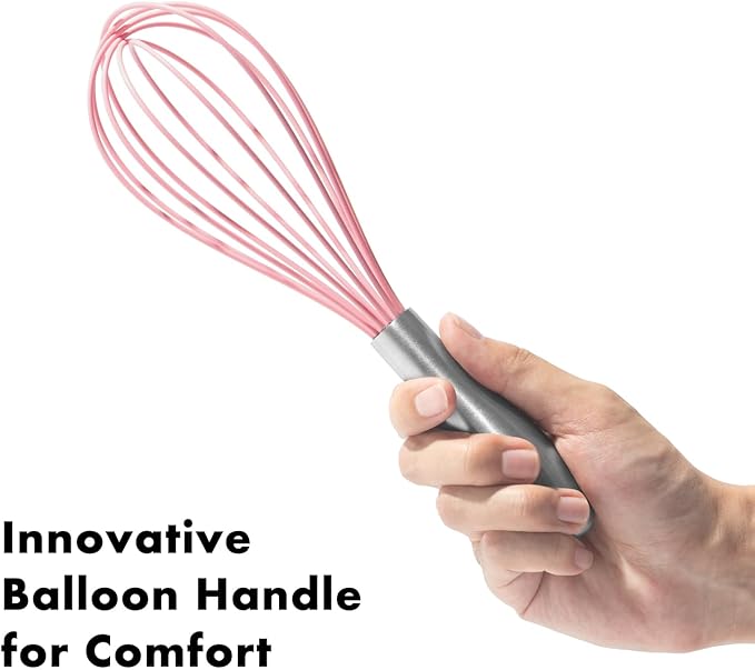 OYV 10-Inch Pink Silicone Whisk, Heat Resistant 480°F Kitchen Whisk with Stainless Steel Ergonomic Handle, Non-Scratch for Nonstick Cookware, Dishwasher Safe, Perfect for Blending, Cooking & Beating