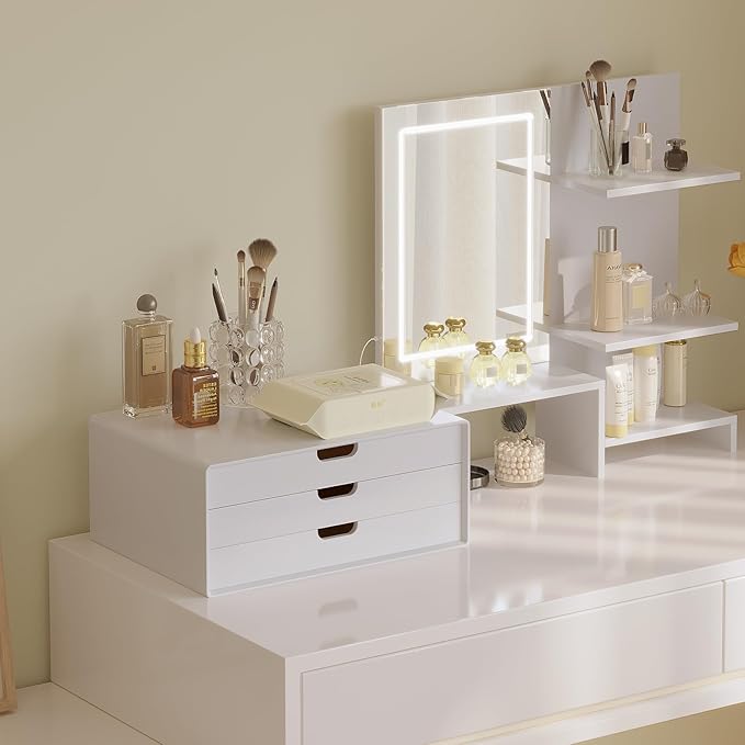 LitaEther Desk Organizer with 3 Drawers, ALEX Drawer Unit, Chic White Wood Cosmetic Makeup Organizer for Office Vanity Tabletop Storage 13.8"X 6"X10.2"