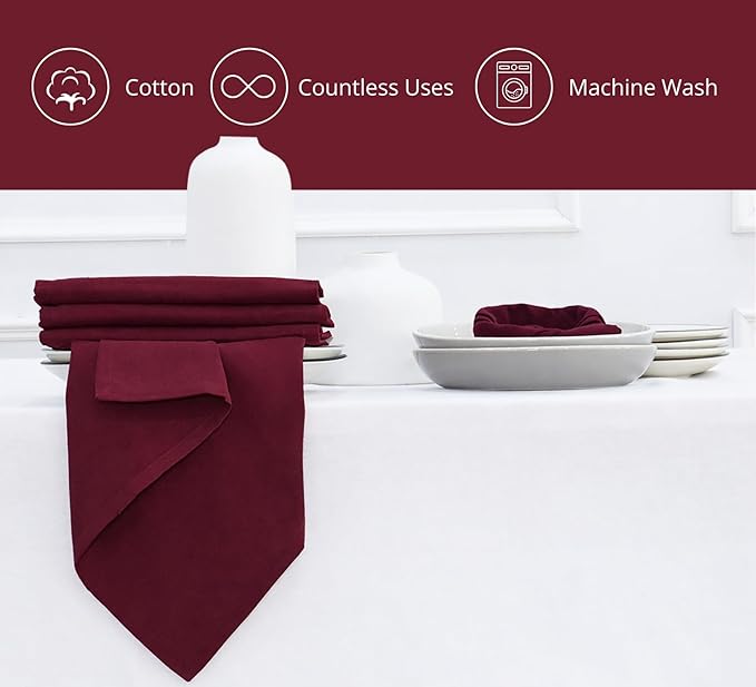 PurpleEssences Set of 12 Cloth Dinner Napkins 100% Cotton 18x18 Inch - Soft Durable Washable - Ideal for Farmhouse Party Spring Easter Summer - Perfect Everyday Use Table Linen - Burgundy