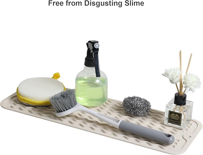ZLR Silicone Sponge Holder & Sink Caddy Tray (6" x 17") - Narrow Dish Drying Mat for Kitchen Counter - Waterproof Soap Dispenser Organizer, Non-Slip Bathroom Vanity Tray (Cassava White)