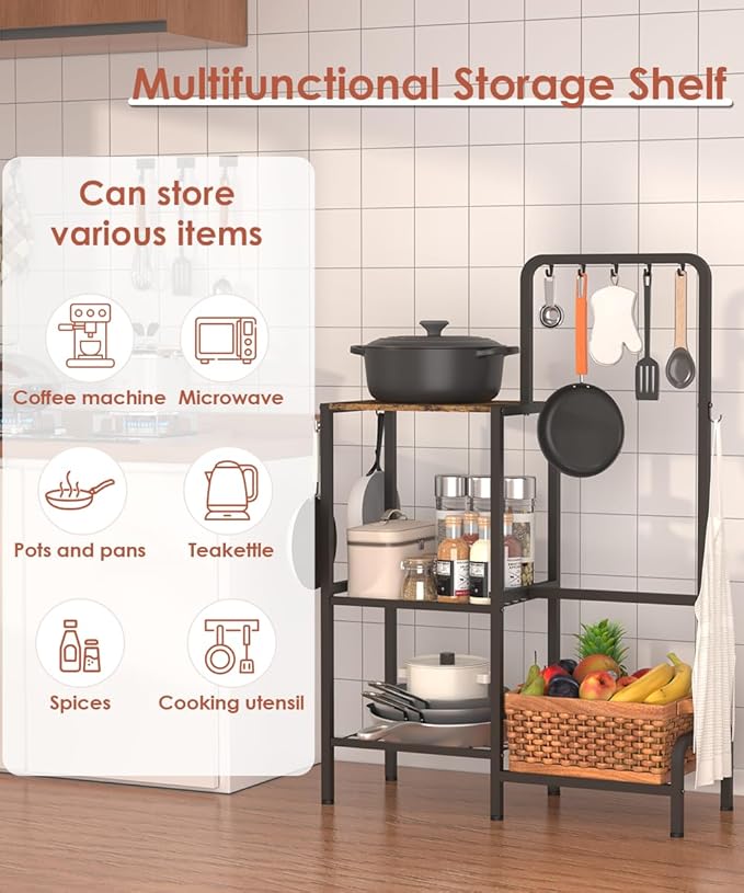 mocomax Kitchen Stand Shelf with Storage, 3-Tier Utility Baker's Rack for Spices, Adjustable Coffee Bar Station with 8 Hooks, Space-Saving Microwave Oven Stand for Pots, Pans & Utensils, Black