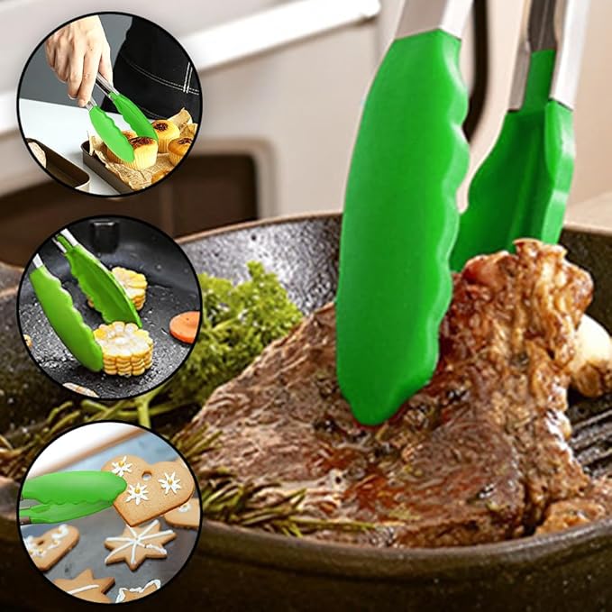Small Silicone Serving Tongs Set of 3, Mini Tongs (7 inch) with Silicone Tips and Stainless Steel Handle, Great for Salads, Steaks, Vegetables