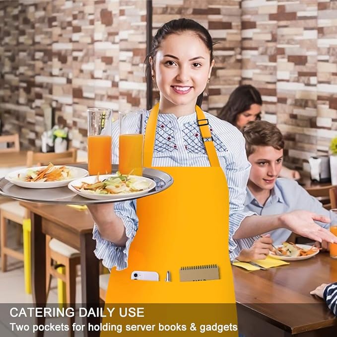 Jubatus 2 Pack Bib Aprons with 2 Pockets Cooking Chef Kitchen Apron for Women Men, Yellow