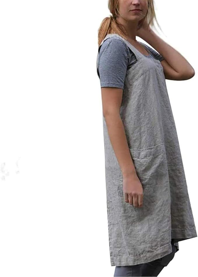VLZUFE Cotton Linen Apron for women Cross Back Apron Pinafore Dress for Baking Cooking Gardening Work
