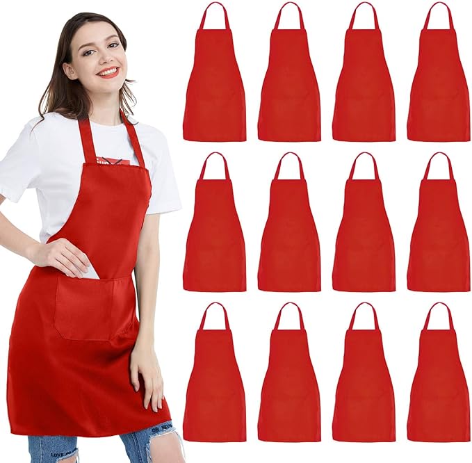 NOBONDO 12 Pack Bib Apron - Unisex Black Apron Bulk with 2 Roomy Pockets Machine Washable for Kitchen Crafting BBQ Drawing