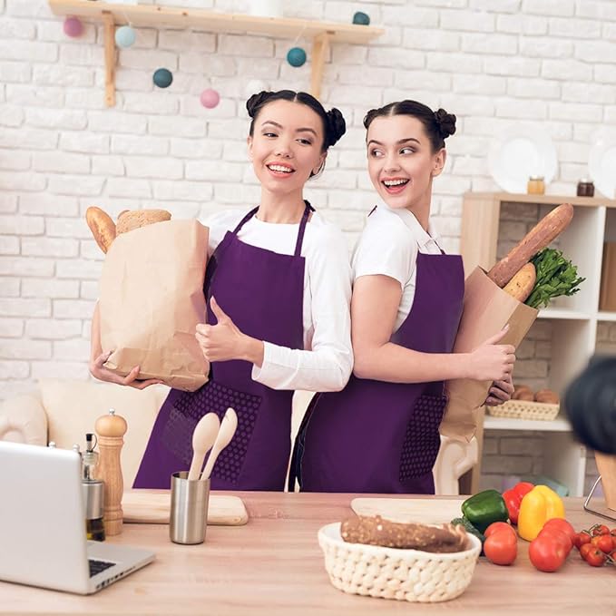 Plain Purple Color Bib Aprons Bulk Adult for Women Men Unisex Chef Apron with 2 Pockets for Cooking Baking Kitchen Restaurant Crafting (Purple,6pcs-size24 X28)