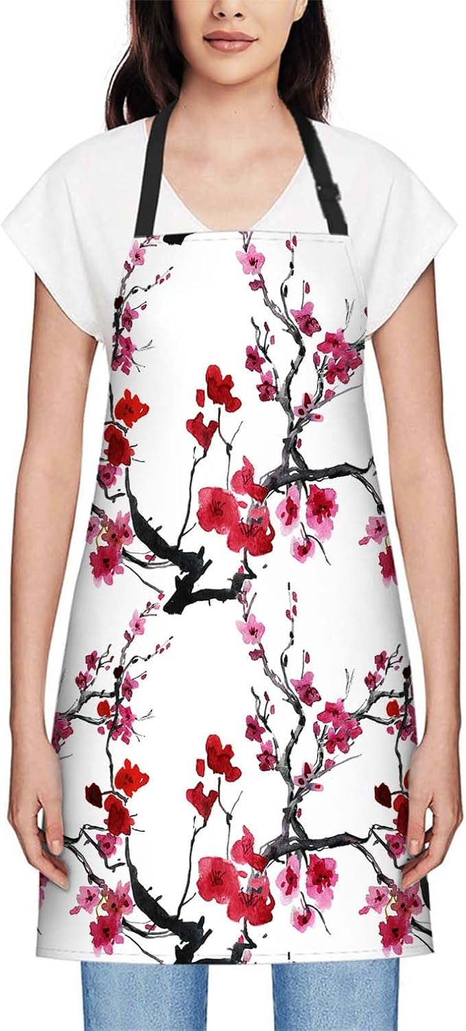 oFloral Watercolor Cherry Blossoms Apron Unisex Adjustable Bib Apron, Cooking Kitchen Chef Apron, Women Men Apron for Home Kitchen, Restaurant, Coffee house