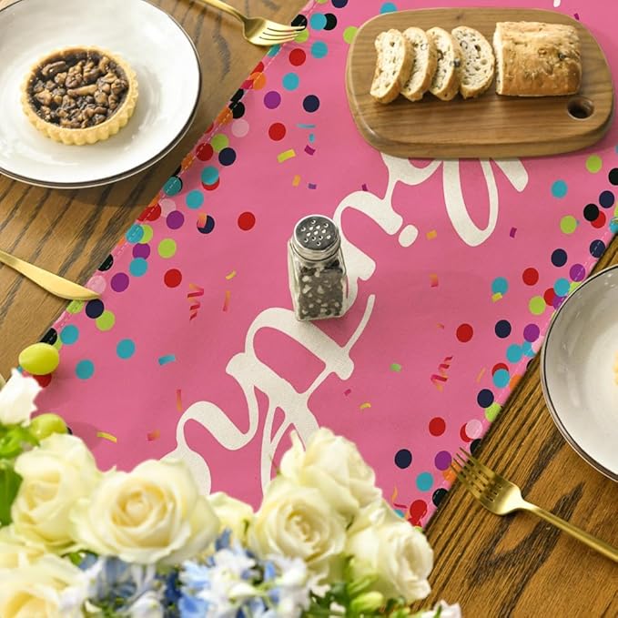 Artoid Mode Polka Dot Pink Happy Birthday Table Runner, Seasonal Kitchen Dining Table Decoration for Home Party Decor 13x72 Inch
