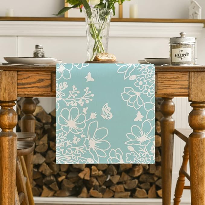 Artoid Mode Blue Bloom Flowers Butterfly Spring Table Runner, Seasonal Holiday Kitchen Dining Table Decoration for Home Party Indoor 13x60 Inch