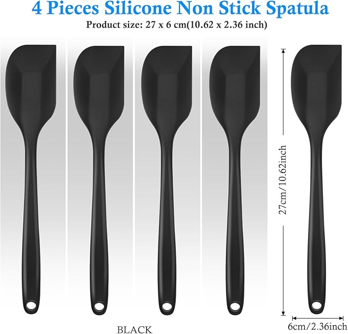 Shappy 4 Pieces Silicone Cooking Spoons 10.6 Inch Heat Resistant Kitchen Spoons for Mixing, Serving and Stirring Upgrade Large Non Stick Basting Utensils, Dishwasher Safe(Scrapers,Black)