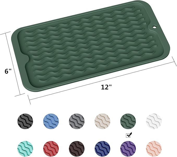 ZLR Silicone Sponge Holder & Sink Caddy Tray (6" x 12") - Narrow Dish Drying Mat for Kitchen Counter - Waterproof Soap Dispenser Organizer, Non-Slip Bathroom Vanity Tray (Dark Green)
