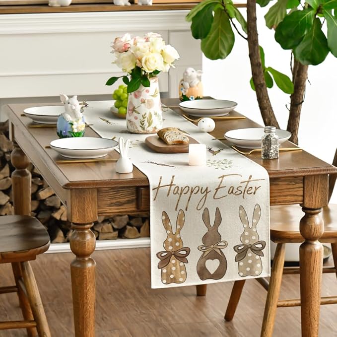 Artoid Mode Carrots Rabbit Bunny Happy Easter Table Runner, Spring Summer Seasonal Holiday Kitchen Dining Table Decoration for Indoor Outdoor Home Party Decor 13 x 60 Inch