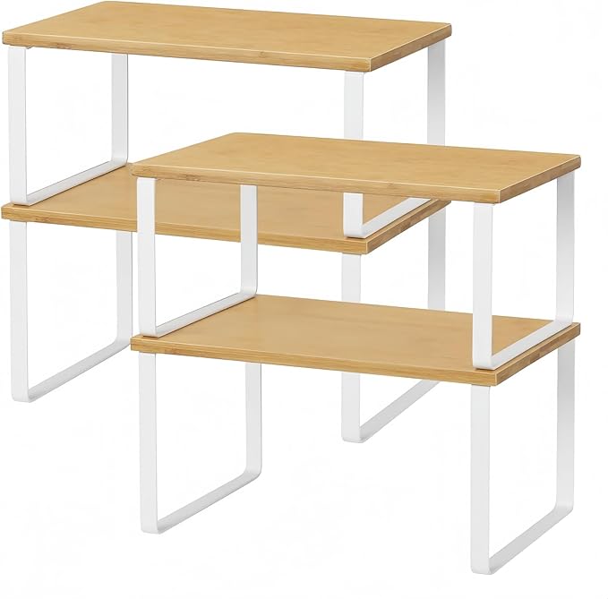 NEX Bamboo Kitchen Cabinet and Counter Shelf Organizer, Stackable & Expandable, Set of 4, White and Natural