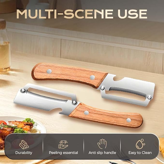 Multi-Functional Vegetable Peeler for Kitchen, 2026 New Stainless Steel Peeler with Wooden Handle and Bottle Opener, Kitchen Tool for Fruit Veggie Pumpkin, Gifts for Mom (2PCS)