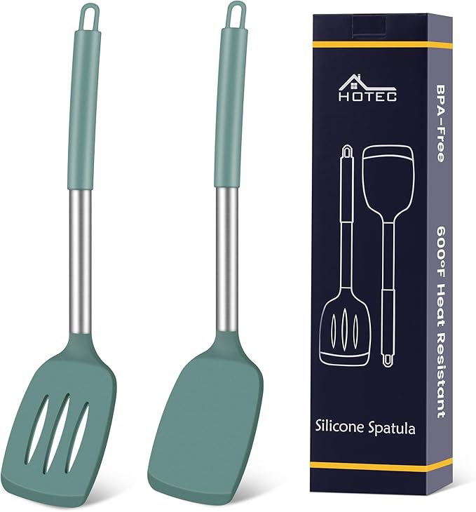 HOTEC Silicone Spatula Set of 2 Heat-Resistant 600°F & BPA-Free Kitchen SaptulaTurner with Stainless Steel Handles, Slotted & Solid Spatulas for Nonstick Cookware, 13.7 Inch, Sage Green